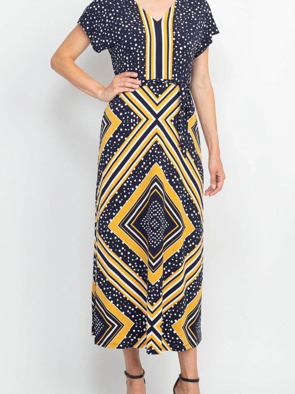 London Times Flutter Sleeve V-Neck Tea-Length Dress